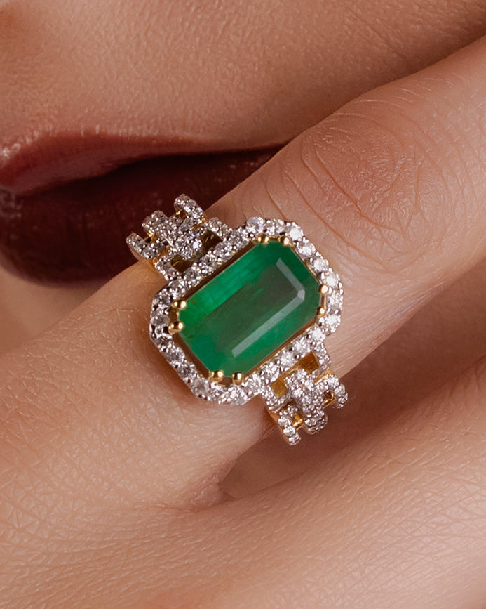 Emerald & Natural Diamond Statement Ring in Gold | Luxury Fine Jewelry