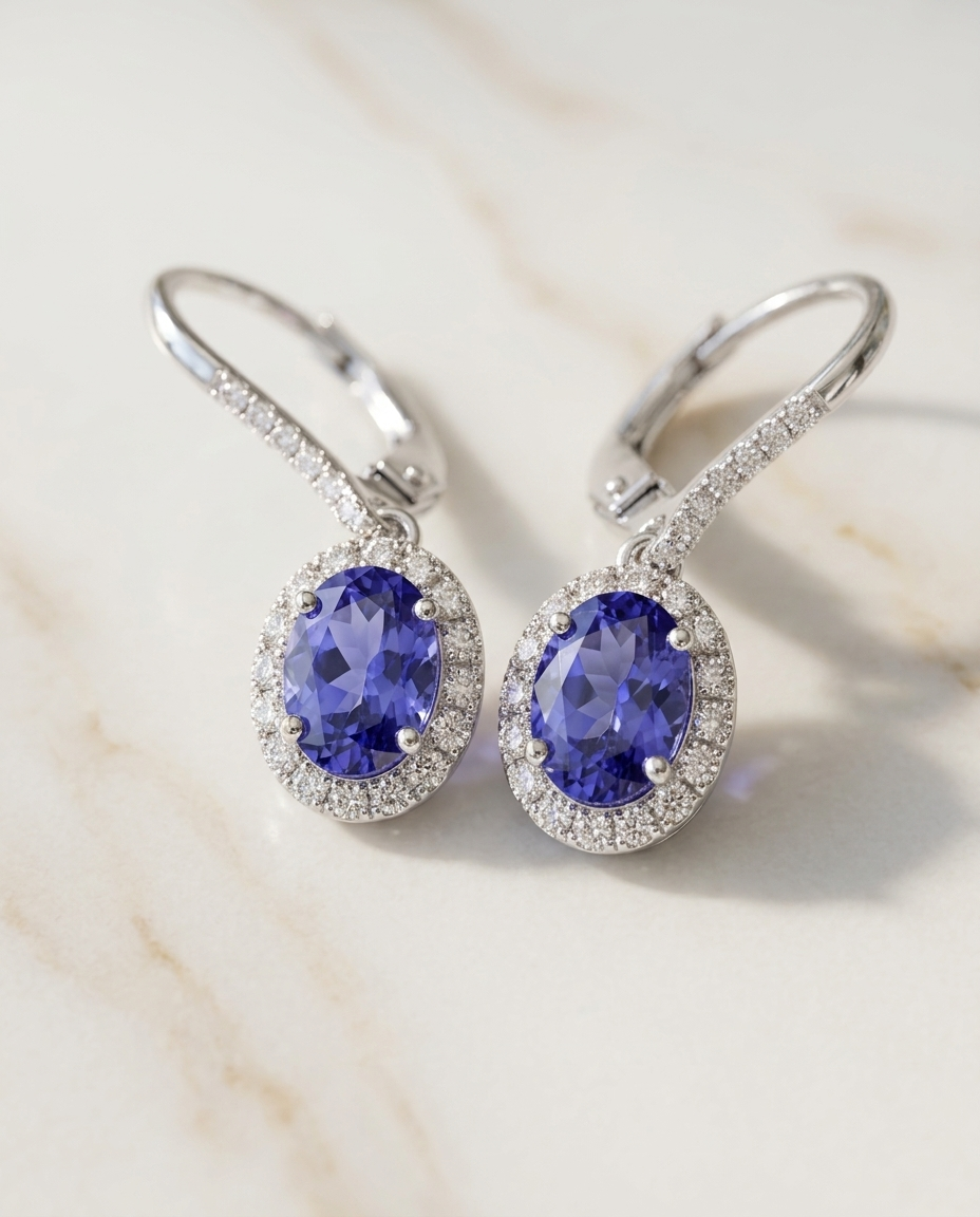 Tanzanite Halo Leverback Earring